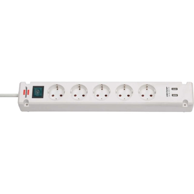 Bremounta uttagslist 5-vägs med 2 USB-laddningsuttag vit 3,00 m H05VV-F 3G1,5