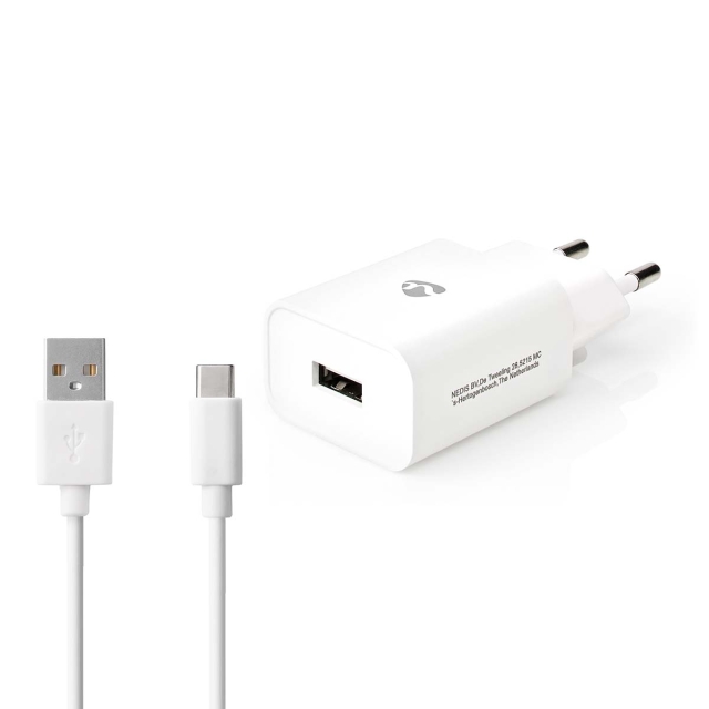 Nedis vegg lader | 12 W | Hurtigladefunksjon | 1x 2.4 A A | Antall utganger: 1 | USB-A | USB Type-C ™ (løs) Kabel | 1.00 m | Single Voltage Output | Hvit
