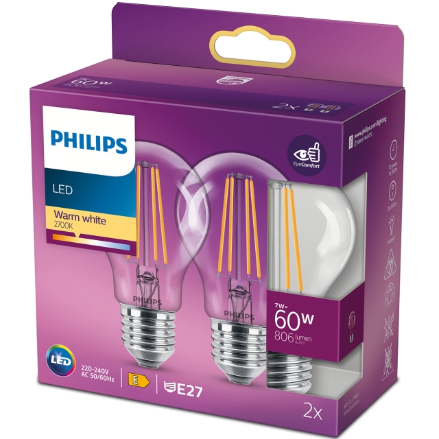 Philips 2-pakning LED E27 Normal 7W (60W) Klar 806lm