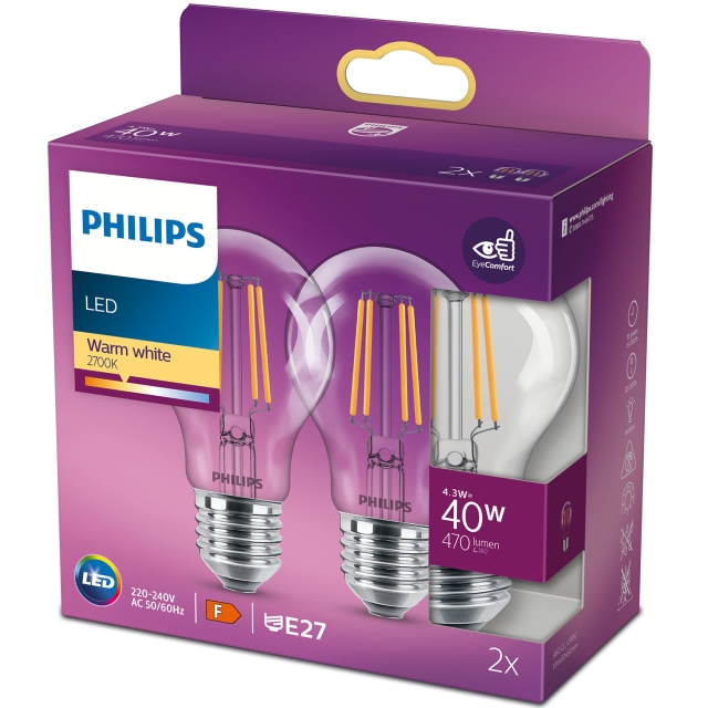 Philips 2-pakning LED E27 Normal 4,3W (40W) Klar 470lm