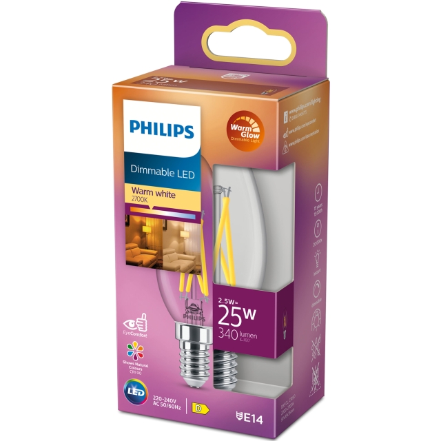 Philips LED E14 Crown 2,5W (25W) Clear Dim WarmGlow 340