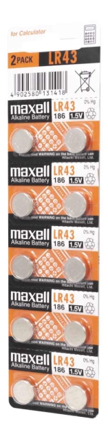 Maxell LR43 1,5 V alkalisk batteri, 10-pakning