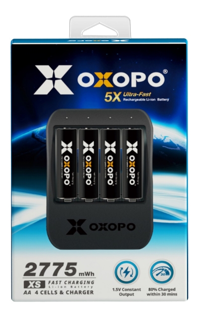 oxopo Li-Ion 4xAA-batteri 1850 mAh med lader