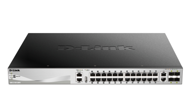 dlink 24xGigabit RJ45-porter, 4x10GbE SFP+-porter, 370W PoE-budsjett
