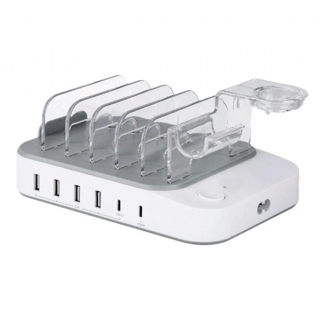 DELTACO USB-ladestasjon, 4x USB-A, 1x USB-C 2,4A, 1x US