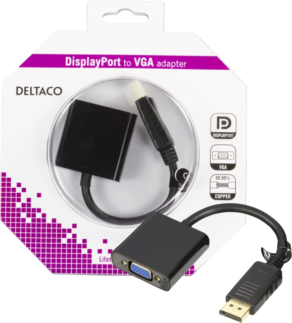 DELTACO DisplayPort til VGA-adapter, Full HD i 60Hz, 0,2m, Svart