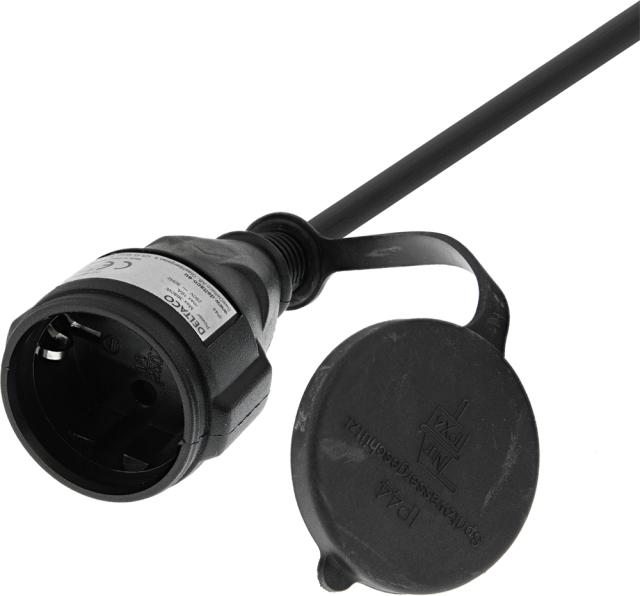 DELTACO Forlengelseskabel, utendørs, jordet, IP44, 10 m, Svart