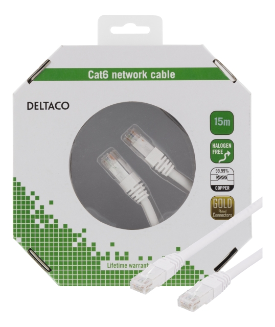 DELTACO U/UTP Cat6 patchkabel, 15 m, 250 MHz, Delta, LSZH, hvit
