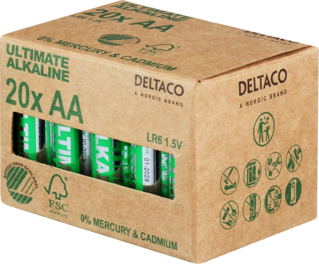 DELTACO Ultimate Alkaline AA-batteri, 20-pakning