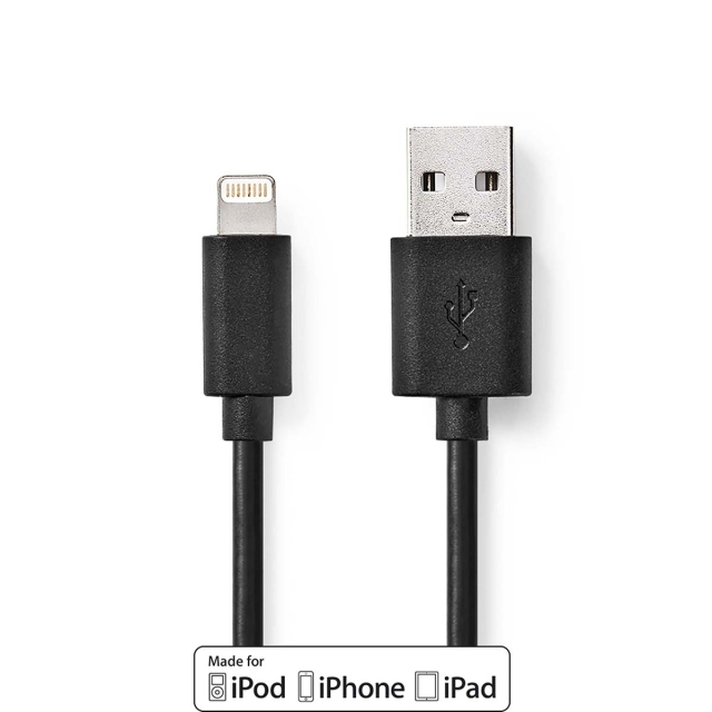 Nedis Lightning Kabel | USB 2.0 | Apple Lightning 8-Pinners | USB-A Han | 480 Mbps | Nikkel belagt | 1.00 m | Rund | PVC | Sort | Boks