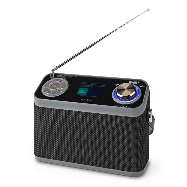 Nedis DAB+ Radio | Bord design | DAB+ / FM | 2.40 " | Farge skjerm | Batteri drevet / Nettstrøm drevet | Digitalt | 24 W | Bluetooth® | Hodetelefonutgang | Vekkeklokke | Sleep timer | IP20 | Håndtak | Sort
