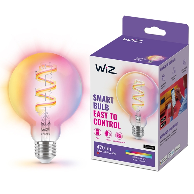 WiZ WiFi Smart LED E27 G95 40W Filament Farge + Varm-kald hvit 470lm