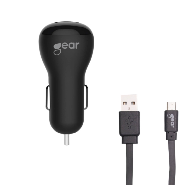 Gear Lader 12-24V 2xUSB 2,4A Svart MicroUSB Kabel 1m