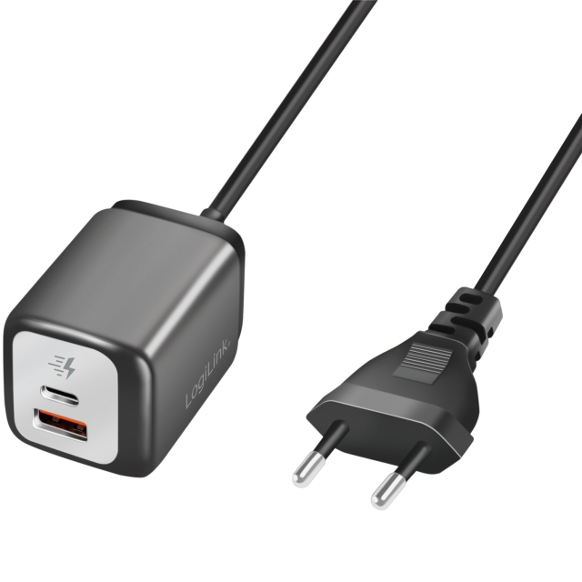 LogiLink USB-lader 1xUSB-A + 1xUSB-C med fast kabel 1,5m GaN 30W