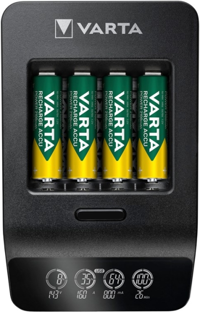 Varta LCD Smart Charger+ (type 57684) inkl. 4x AA 2100 mAh lader opptil 4x AA-batterier eller AAA-batterier (NiMH) samtidig