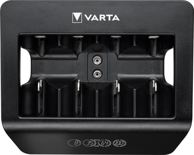Varta LCD Universal Charger+ (type 57688) lader 1x 9V-batteri eller opptil 4x AA-, AAA-, C- eller D-batterier (NiMH) samtidig
