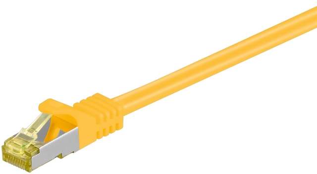 Goobay RJ45 patchkabel S/FTP (PiMF), 500 MHz, med CAT 7 råkabel, gul, 0,5 m LSZH halogenfri kabelmantel, kobber, RJ45-kontakt (CAT 6A)