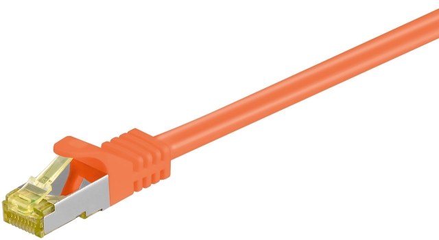 Goobay RJ45 patchkabel S/FTP (PiMF), 500 MHz, med CAT 7 råkabel, oransje, 3 m LSZH halogenfri kabelkappe, kobber, RJ45-kontakt (CAT 6A)