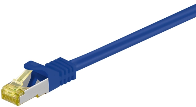 Goobay RJ45 patchkabel S/FTP (PiMF), 500 MHz, med CAT 7 råkabel, blå, 30 m LSZH halogenfri kabelkappe, kobber, RJ45-kontakt (CAT 6A)