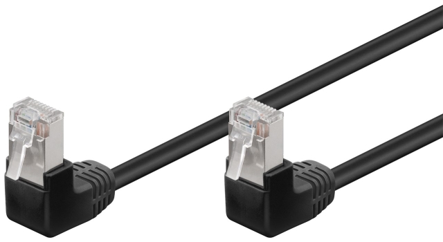 Goobay Kretskabel CAT 5e, 2x 90° vinklet, F/UTP, svart, 3 m kobberbelagt aluminiumtråd (CCA), 2x RJ45-plugg 90° (8P8C)