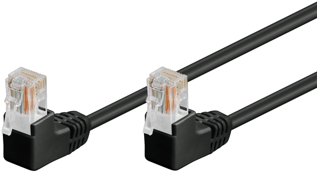 Goobay Kretskabel CAT 5e, 2x 90° vinklet, U/UTP, svart, 2 m kobberbelagt aluminiumtråd (CCA), 2x RJ45-plugg 90° (8P8C)