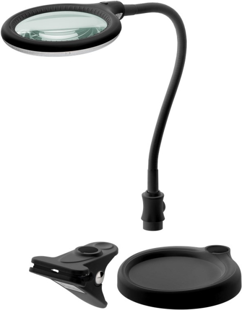 Goobay LED-forstørrelseslampe med stativ/klips, 6 W, svart 480 lm, 100 mm glasslinse, 1,75x forstørrelse, 3 dioptrier