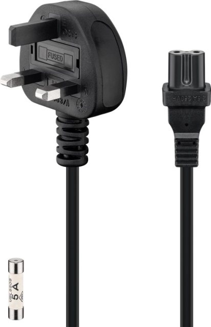 Goobay Kabel for strømtilkobling i Storbritannia, 1,8 m, svart 3-polet UK-plugg (type G, BS 1363) > apparatkontakt C7