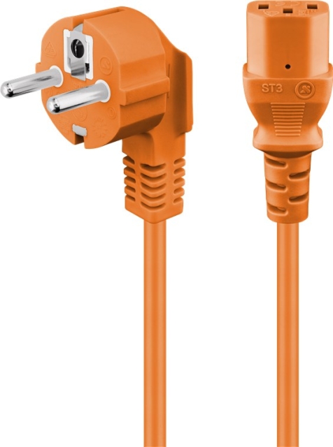 Goobay Kabel för anslutning av kallt apparat med vinkel, 5 m, orange Jordkontaktstift (typ F, CEE 7/7) > Uttag C13 (kall apparatanslutning)