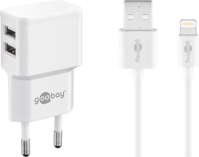 Goobay Apple Lightning Dual Charging Kit (12 W) Strømforsyningsenhet med 2x USB-kontakter og Apple Lightning-kabel 1 m (hvit)