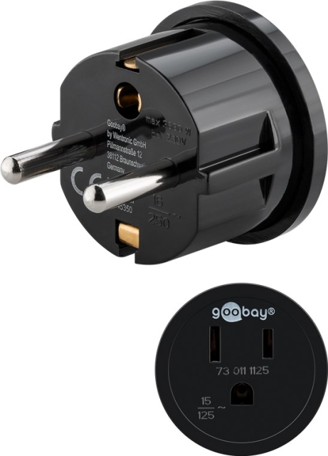 Goobay AC-adapter USA/Japan, svart plugg med jording (type F, CEE 7/7) > amerikansk/japansk stikkontakt (type B, NEMA 5-15, 3-polet)