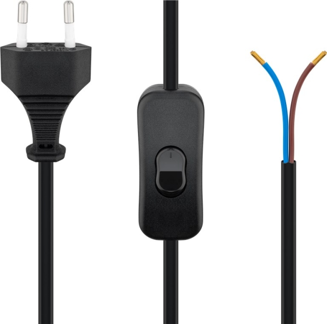 Goobay Euro-pluggkabel for montering - med bryter, 1,5 m, svart Euro-plugg (type C, CEE 7/16) > løse kabelender
