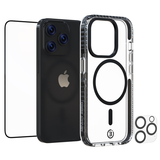 Impact Zero mobilskall 3-i-1-sett kompatibelt med Apple iPhone 15 Pro, gjennomsiktig