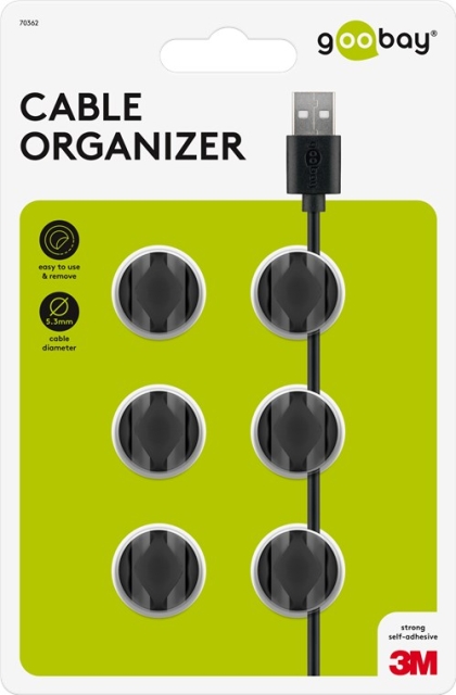 Goobay Kabelhåndtering 2 utsparinger, svart 6-pakning for å organisere og feste, avtakbar
