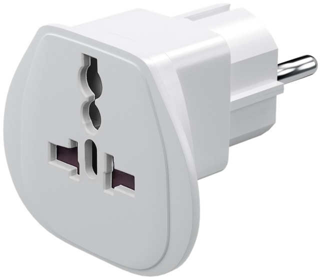 Goobay World to EU reiseadapter, hvit plugg med jording (type F, CEE 7/7) > britisk stikkontakt, sveitsisk stikkontakt (type J, SEV 1011), italiensk stikkontakt (type L, CEI 23-16-VII), amerikansk/japansk stikkontakt (type B, NEMA 5-15, 3-pinners)