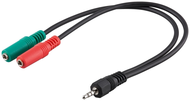 Goobay PC-hodesettadapter, 1x 3,5 mm AUX 4-pinners til 2x 3,5 mm AUX 3-pinners Pawl 3,5 mm plugg (4-pinners, stereo) > 2x 3,5 mm jack (3-pinners, stereo)