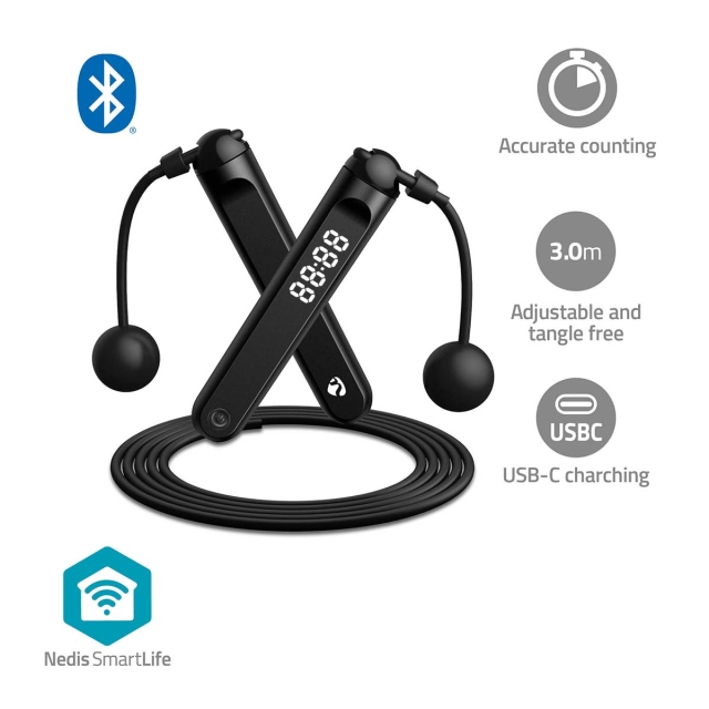 Nedis SmartLife hoppetau | Bluetooth® | Dual Hall sensor | LED | PVC | 3.00 m | Snøreveske / Trådløse baller | Sort