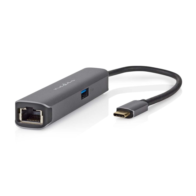 Nedis USB Multi-Port Adapter | 4-i-1 | USB 3.2 Gen 1 | USB-C™ Hann | HDMI™ Output / RJ45 Hun / USB-A Hun / USB-C™ Hunn | 5 Gbps | 0.20 m | Rund | Gull belagt | PVC | Antrasitt | Boks