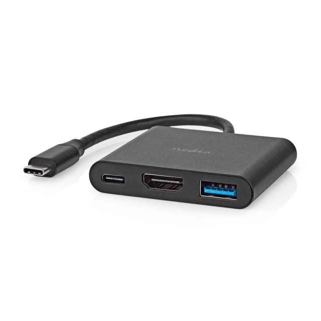 Nedis USB Multi-Port Adapter | 3-i-1 | USB 3.2 Gen 1 | USB-C™ Hann | HDMI™ Output / USB-A Hun / USB-C™ Hunn | 5 Gbps | 0.10 m | Rund | Nikkel belagt | PVC | Sort | Boks
