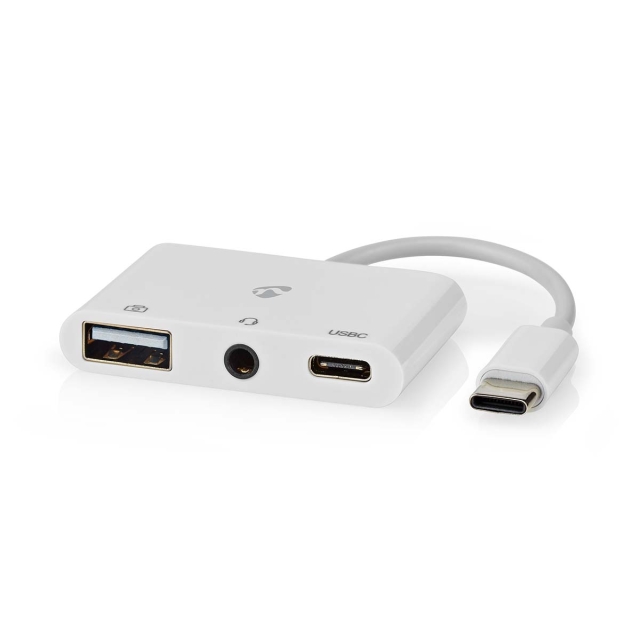 Nedis USB Multi-Port Adapter | 3-i-1 | USB 2.0 | USB-C™ Hann | USB-A Hun / USB-C™ Hunn / 3.5 mm Hun | 480 Mbps | 0.10 m | Rund | Nikkel belagt | PVC | Hvit | Boks