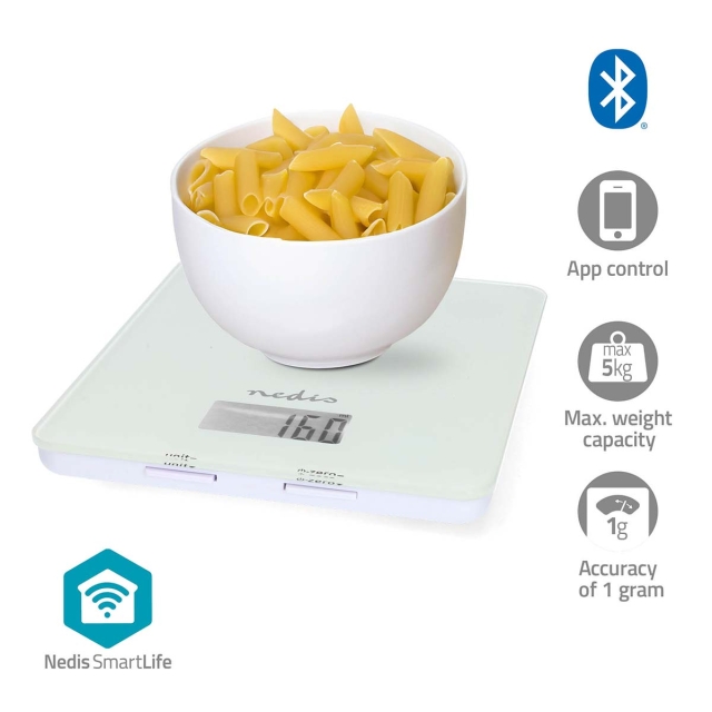 Nedis SmartLife kjøkkenvekt | Bluetooth® | Glass / Plast | Hvit