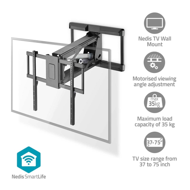 Nedis Motorisert TV Veggfeste | 37 - 75 " | Maximum skjerm vekt: 35 kg | Roterbar | Minimum vegg avstand: 153 mm | Maksimum vegg avstand: 485 mm | Fjernstyrtkontrolert | ABS / Stål | Sort