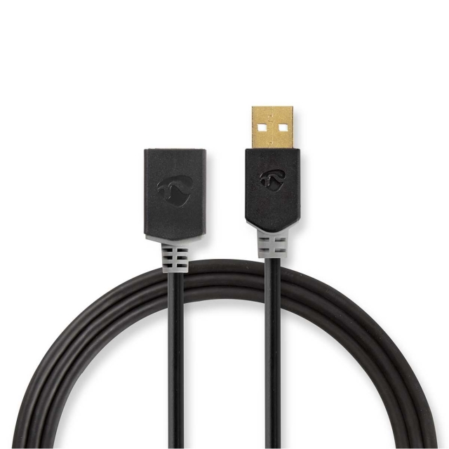 Nedis USB-kabel | USB 2.0 | USB-A Han | USB-A Hun | 480 Mbps | Gull belagt | 3.00 m | Rund | PVC | Antrasitt | Boks