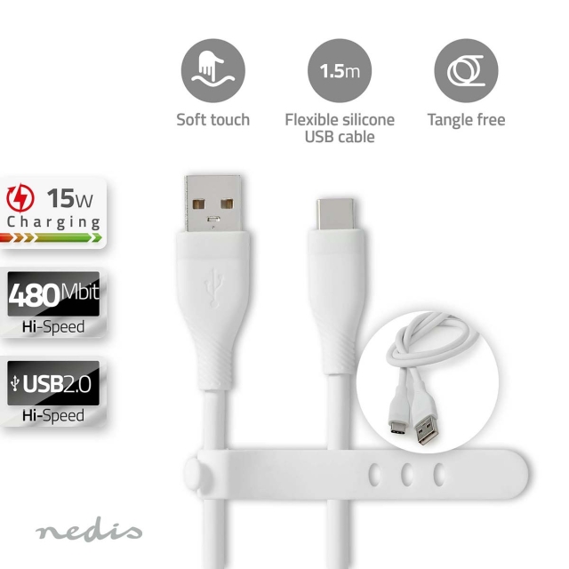 Nedis USB-kabel | USB 2.0 | USB-A Han | USB-C™ Hann | 15 W | 480 Mbps | Nikkel belagt | 1.50 m | Rund | Silikon | Hvit | Boks
