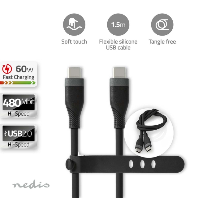 Nedis USB-kabel | USB 2.0 | USB-C™ Hann | USB-C™ Hann | 60 W | 480 Mbps | Nikkel belagt | 1.50 m | Rund | Silikon | Sort | Boks