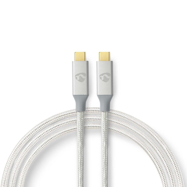 Nedis USB-kabel | USB 3.2 Gen 2x2 | USB-C™ Hann | USB-C™ Hann | 100 W | 4K@60Hz | 20 Gbps | Gull belagt | 1.00 m | Rund | Flettet / Nylon | Sølv | Deksel Vindusboks