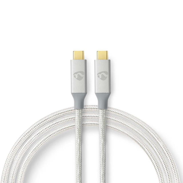 Nedis USB-kabel | USB 3.2 Gen 2x2 | USB-C™ Hann | USB-C™ Hann | 100 W | 4K@60Hz | 20 Gbps | Gull belagt | 2.00 m | Rund | Flettet / Nylon | Sølv | Deksel Vindusboks
