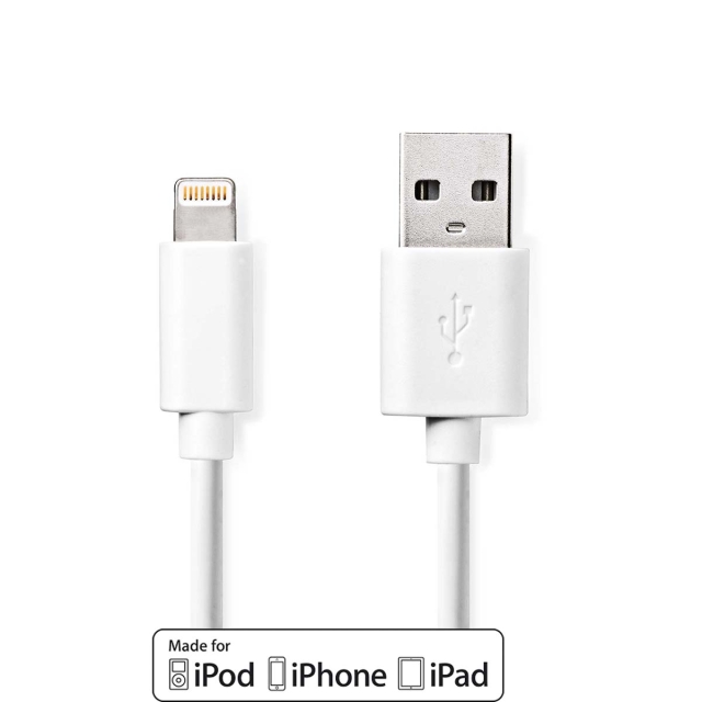 Nedis Lightning Kabel | USB 2.0 | Apple Lightning 8-Pinners | USB-A Han | 480 Mbps | Nikkel belagt | 3.00 m | Rund | PVC | Hvit | Label
