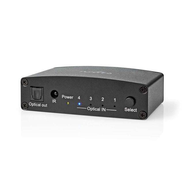 Nedis Digital Audio Switch | 4-veis | Inngang for lyd-/video-/datatilkoblinger: DC Power / 4x TosLink | Utgang for lyd-/video-/datatilkoblinger: TosLink Female | Fjernkontroll / Manuell / Trykk på knappen | Metall | Sort