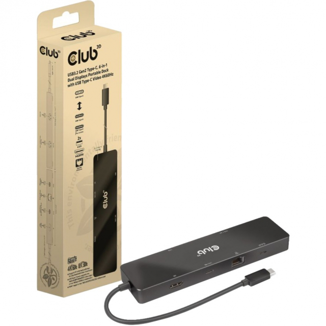 Club 3D 6-i-1 bærbar dokkingstasjon for to skjermer med USB Type-C-video 4K60Hz -PD 100W