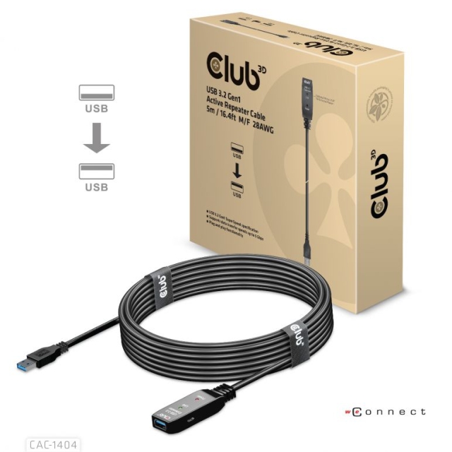 Club 3D USB 3.2 Gen1 aktiv repeaterkabel 5 m M/F 28AWG